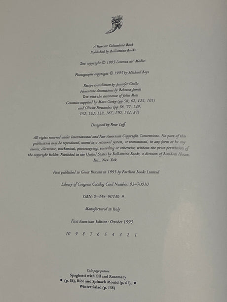 Copyright page of The Villa Table detailing publication credits, copyright info, and manufacturing details; highlights contributions to design, translation, and photography.