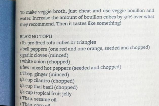 Fire & Ice: Vegan Recipes from Hot & Soul (Zine) open to a page with a veggie broth tip and a Blazing Tofu recipe featuring tofu, peppers, and spices.