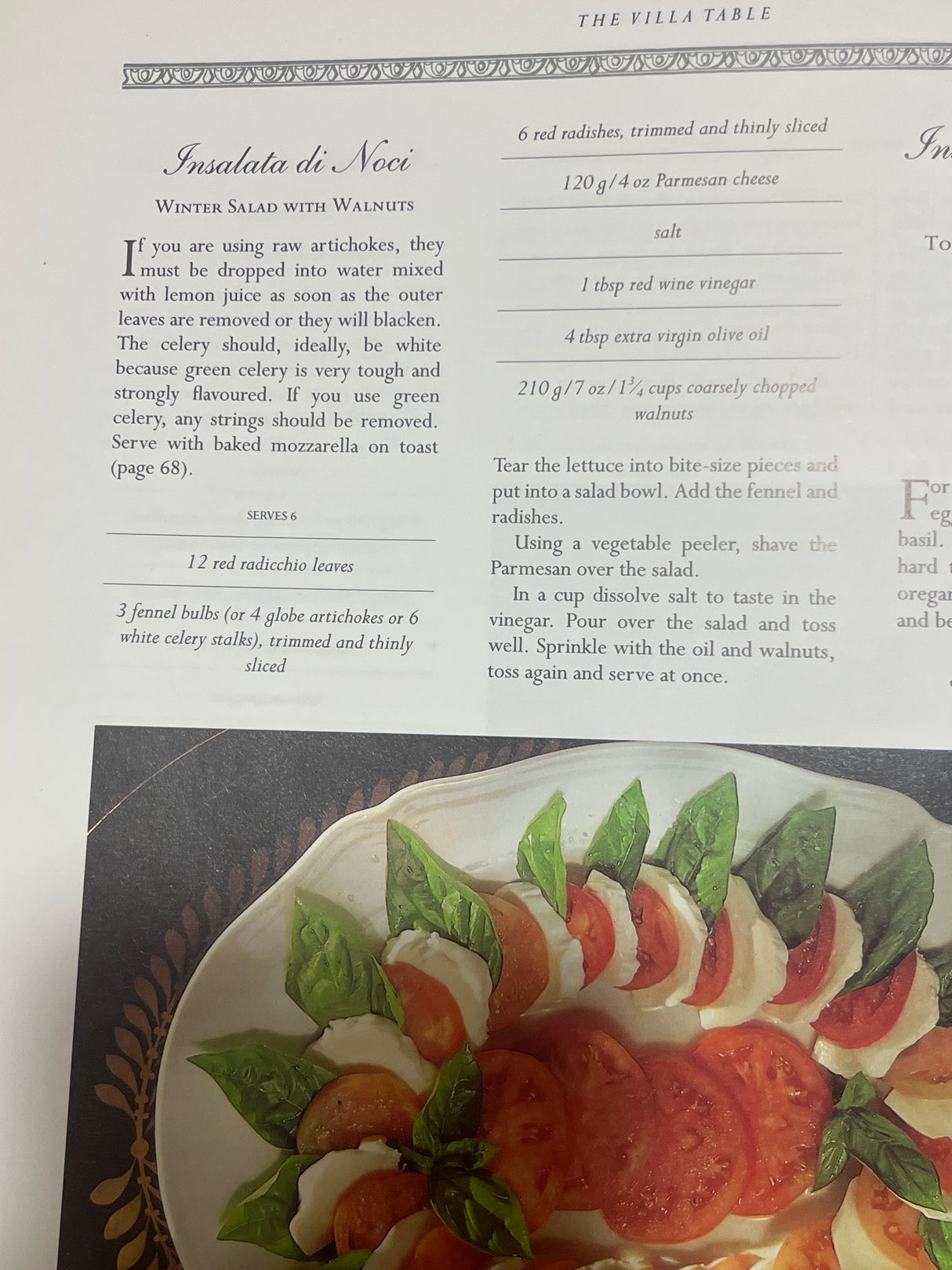 Page from The Villa Table cookbook featuring Insalata di Noci recipe with ingredients and instructions, alongside a photo of a tomato and mozzarella salad with basil.