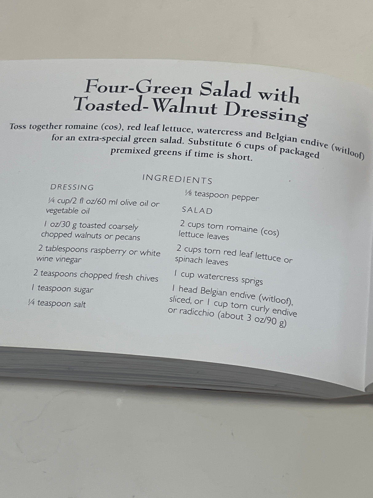Page from The Little Guides: Vegetarian showing a Four-Green Salad with Toasted-Walnut Dressing recipe, featuring detailed ingredient lists and cooking instructions for beginners.