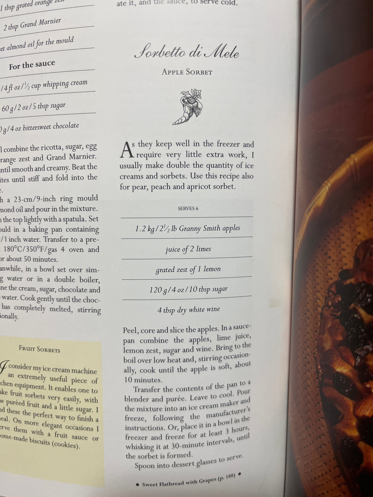 Page from The Villa Table featuring an Apple Sorbet recipe, detailing ingredients and method, with notes on fruit sorbets and a reference to another recipe.