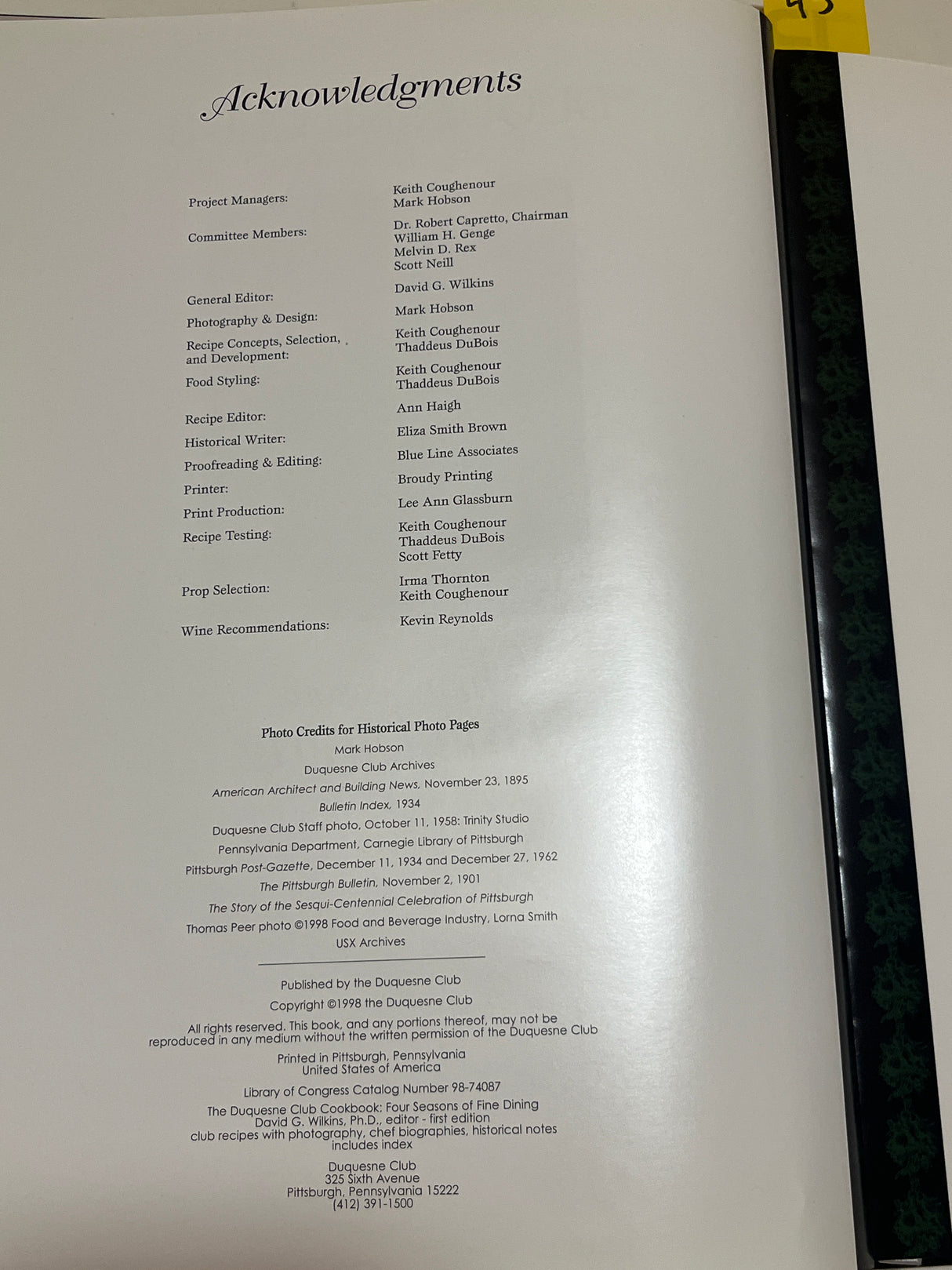 RARE Duquesne Club Cookbook acknowledgments page showing contributors, photo credits, publication details including editor name, copyright 1998, and Club's contact information.