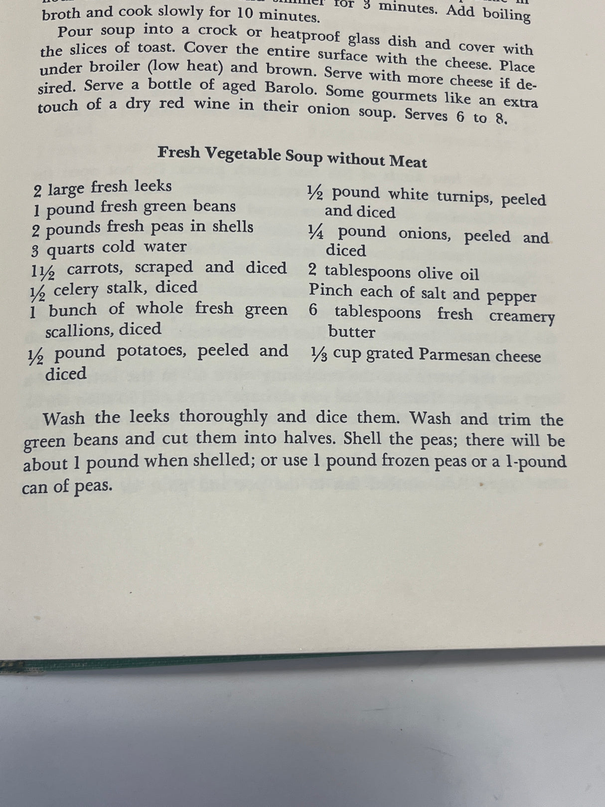 Leone’s Italian Cookbook (1967 First Edition) page displays the “Fresh Vegetable Soup without Meat” recipe, highlighting ingredients and preparation notes from Gene Leone’s mother's restaurant.