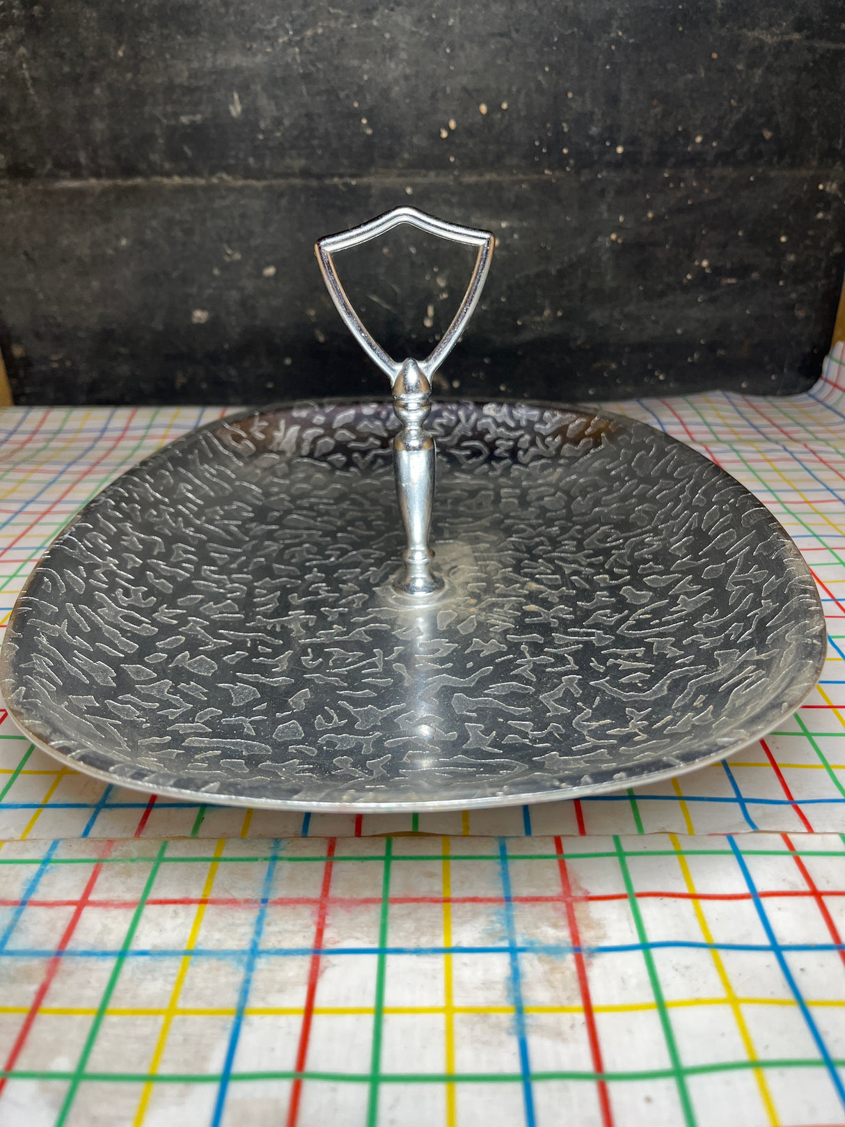 MCM serving platter with handle - brushed alumnium - vintage Kensington Moiré