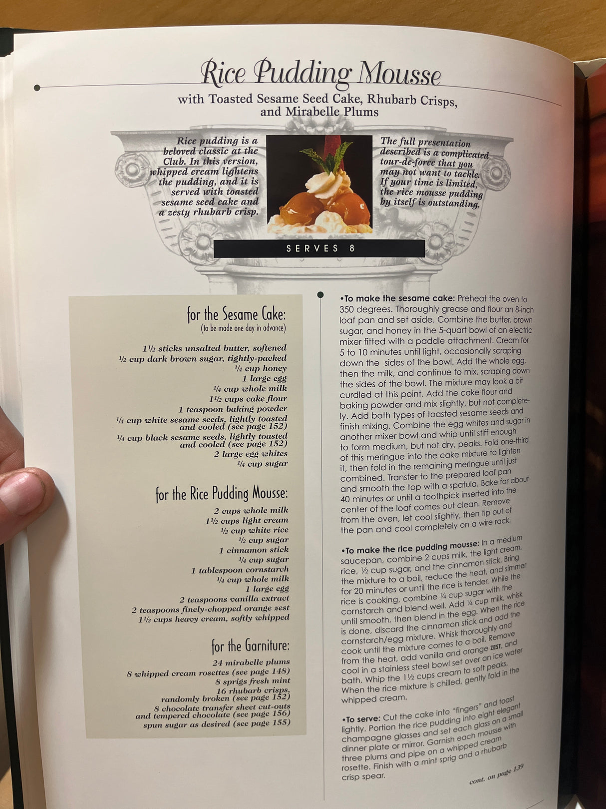 RARE Duquesne Club Cookbook spread featuring a detailed recipe for Rice Pudding Mousse with Sesame Cake, Rhubarb Crisps, and Plums, including ingredients and preparation steps.