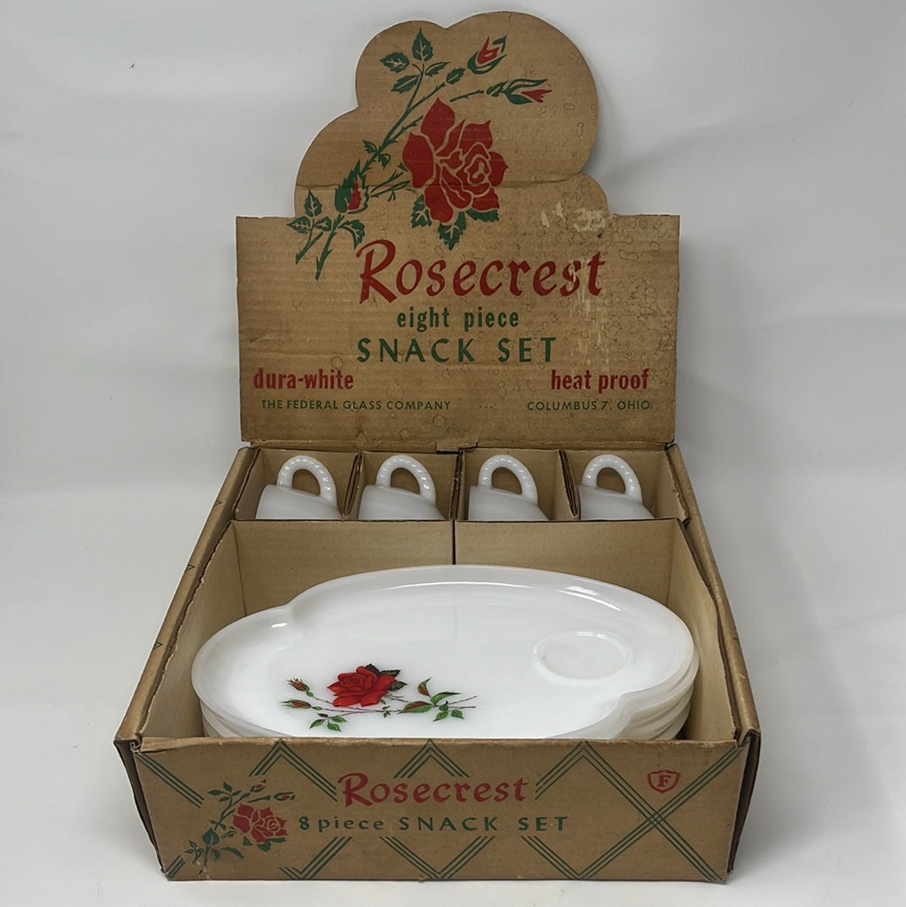 Federal Glass Co. Rosecrest Snack Set: White milk glass teacups and saucers with red rose design, displayed in a box. Excellent condition.