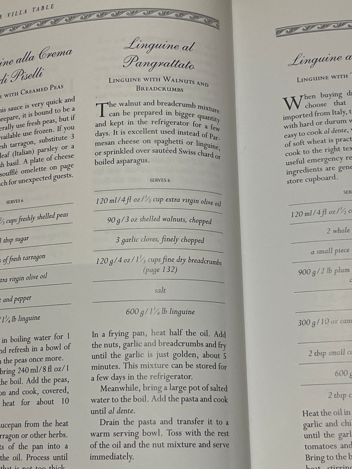 Open cookbook from The Villa Table featuring Linguine al Pangrattato recipe with ingredients and instructions alongside another linguine recipe with creamed peas.