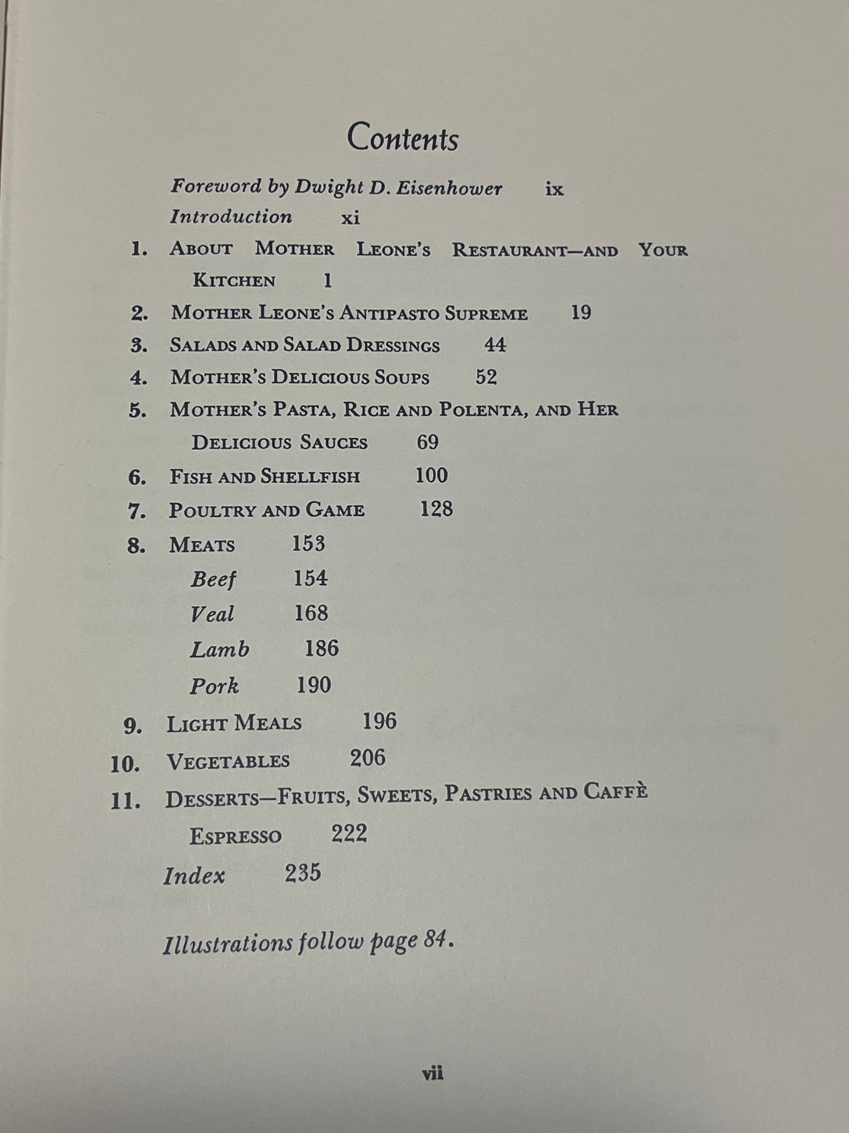 Contents page of Leone’s Italian Cookbook (1967 First Edition), detailing chapters like antipasto, pasta, meats, desserts, with a foreword by Dwight D. Eisenhower.