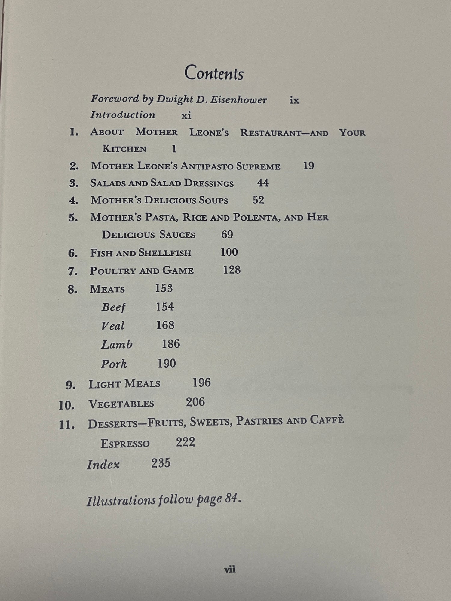 Contents page of Leone’s Italian Cookbook (1967 First Edition), detailing chapters like antipasto, pasta, meats, desserts, with a foreword by Dwight D. Eisenhower.