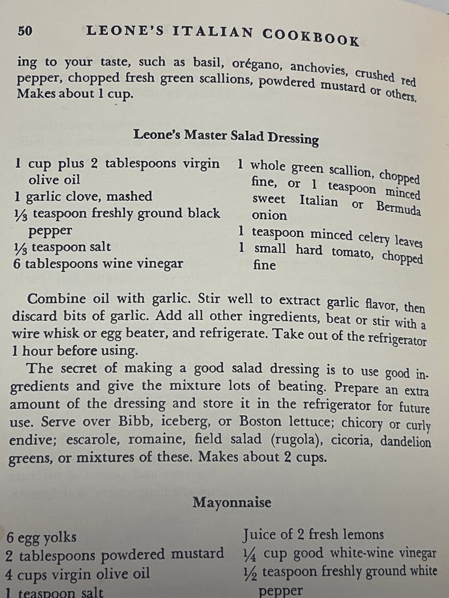 Leone’s Italian Cookbook (1967 First Edition) open to Leone’s Master Salad Dressing recipe, highlighting classic ingredients and preparation from Gene Leone’s famed New York restaurant.