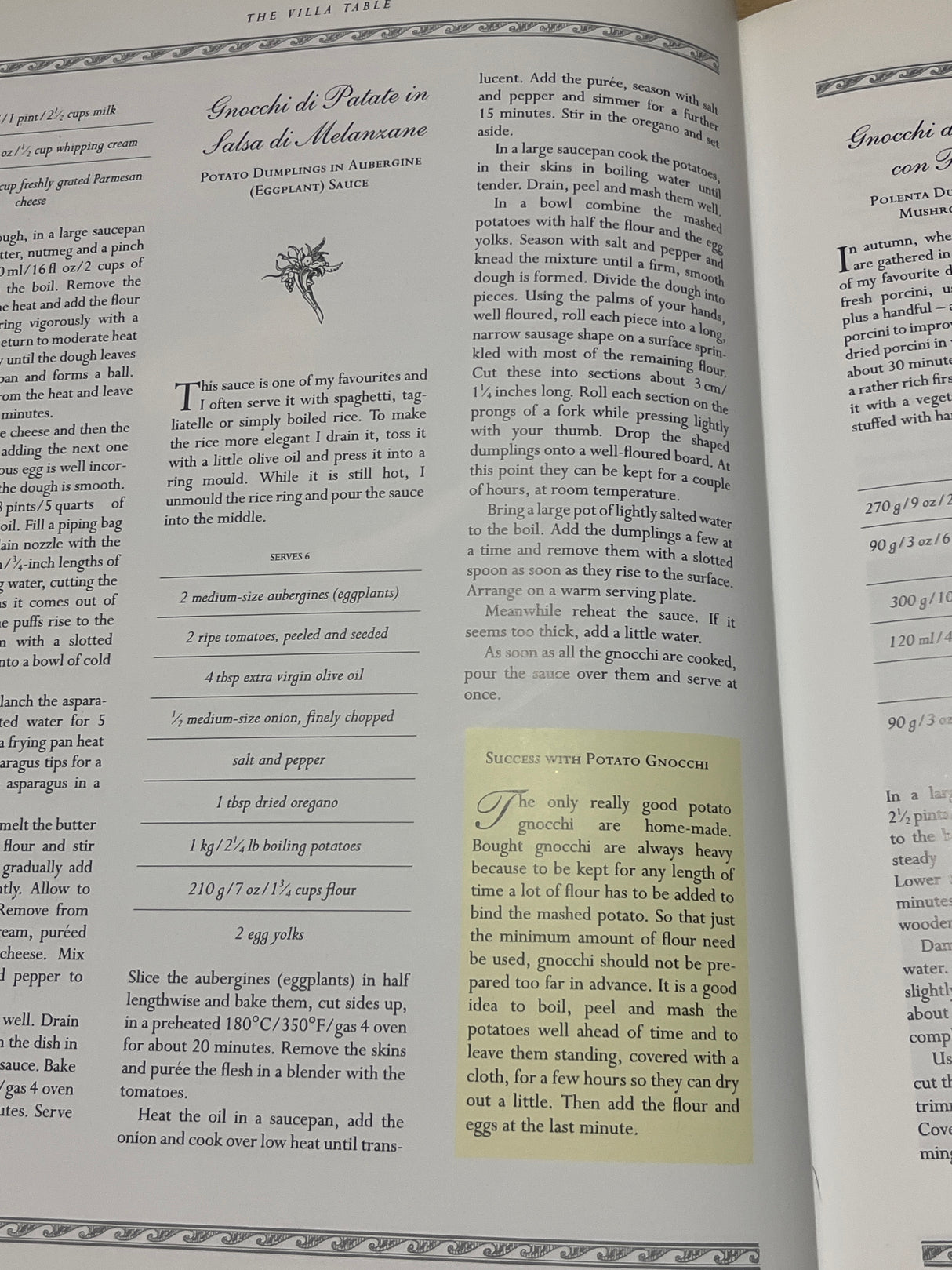 Cookbook spread from The Villa Table featuring a recipe for Gnocchi di Patate in Salsa di Melanzane, with ingredients, preparation steps, and a gnocchi-making tip.