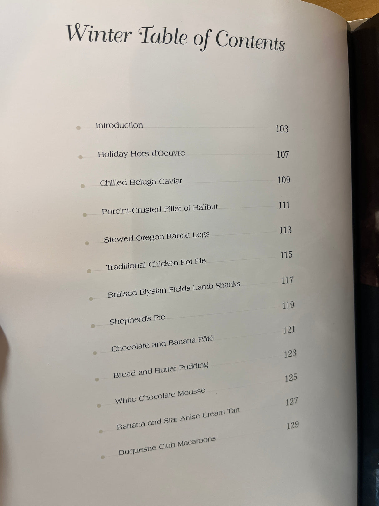 RARE Duquesne Club Cookbook: Winter Table of Contents, listing recipes from Holiday Hors d’Oeuvre to Duquesne Club Macaroons, with page numbers for each dish.