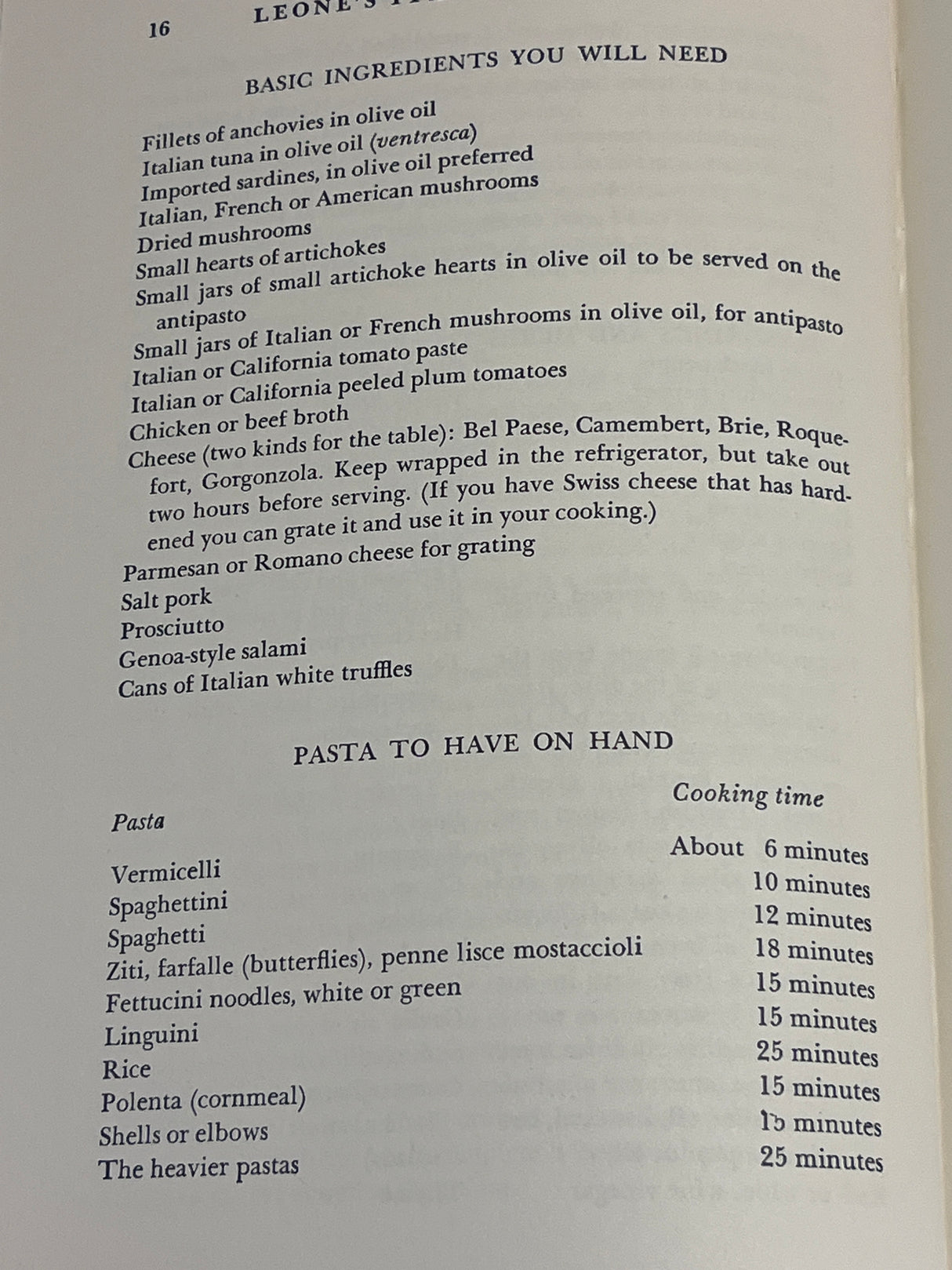 Leone’s Italian Cookbook (1967 First Edition) open to page 16, detailing essential ingredients and recommended pastas with cooking times for authentic Italian recipes.