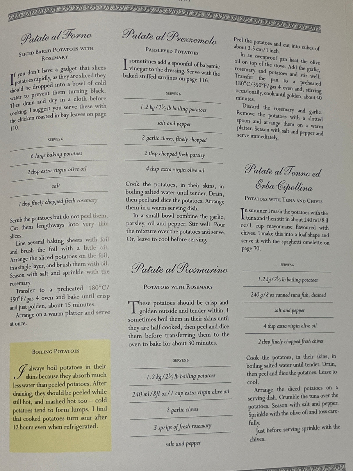 Cookbook page from The Villa Table featuring Italian potato recipes like Patate al Forno and Patate al Tonno ed Erba Cipollina with detailed instructions.