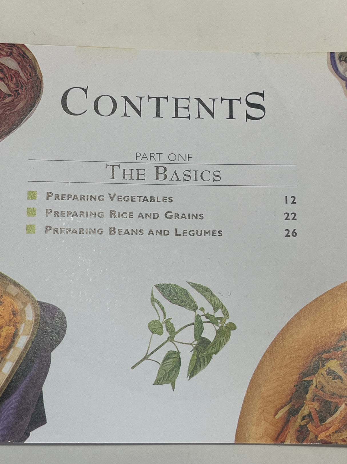 Contents page of The Little Guides: Vegetarian, showing sections on preparing vegetables, rice, and beans, with illustrated food margins, highlighting beginner-friendly vegetarian cooking techniques.