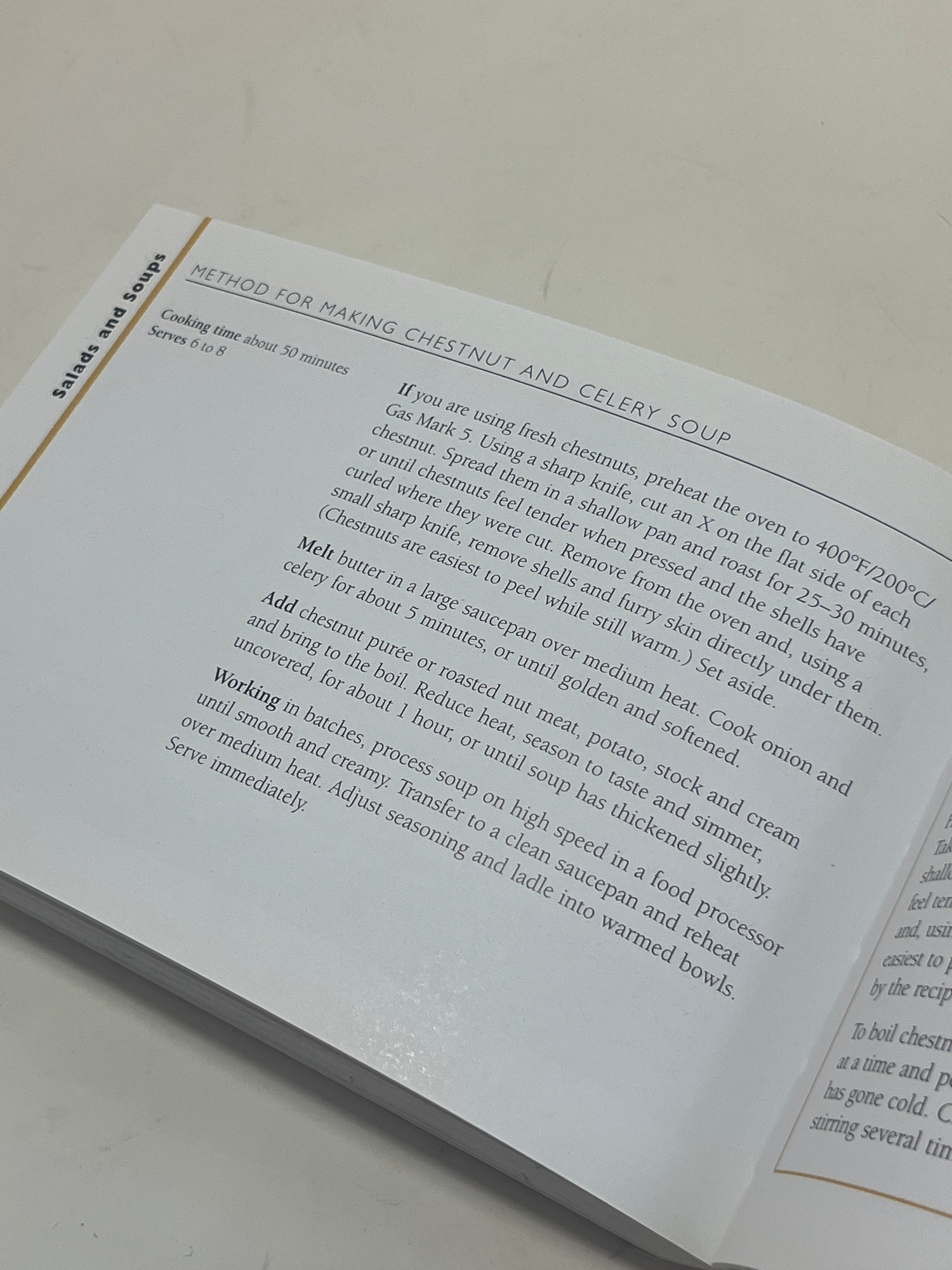The Little Guides: Vegetarian cookbook open to “Chestnut and Celery Soup” recipe, showcasing step-by-step instructions and cooking tips for novice vegetarians.