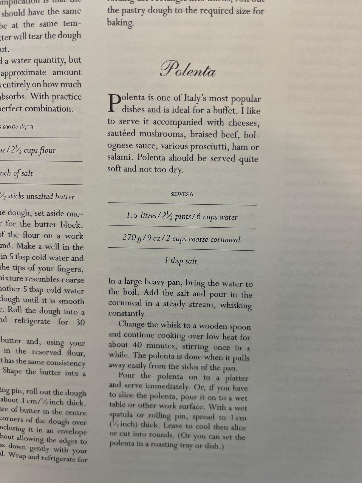 Cookbook page from The Villa Table showing a polenta recipe for six, including ingredients and step-by-step cooking instructions.
