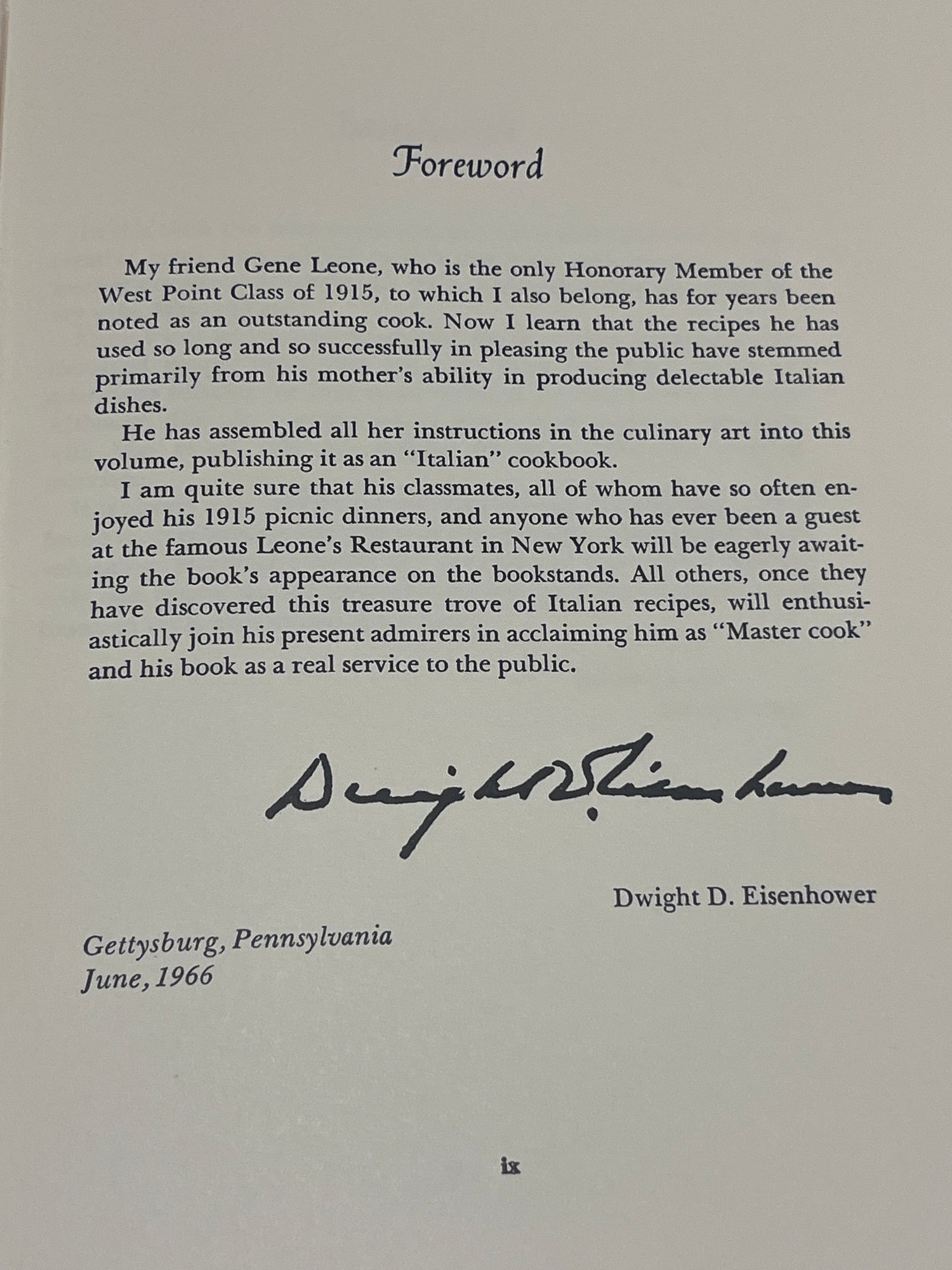 Leone’s Italian Cookbook (1967 First Edition) foreword by Dwight D. Eisenhower, highlighting Gene Leone’s Italian recipes and culinary influence, dated Gettysburg, June 1966.