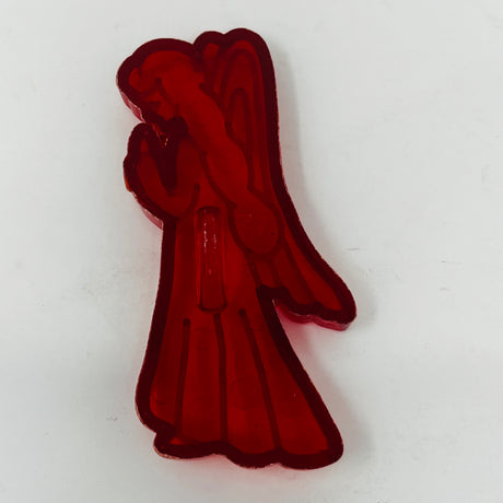 Vintage Red Plastic Cookie Cutters, including angel and bird shapes, some with Crown logo, made in USA.