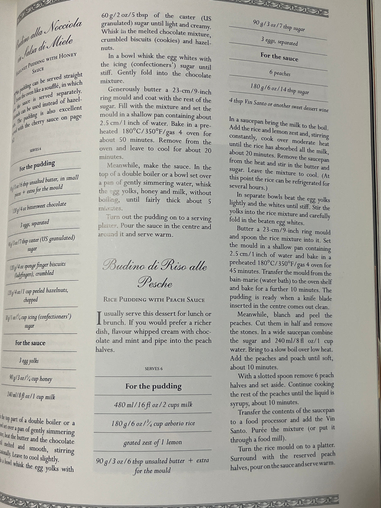 Cookbook spread from The Villa Table featuring Budino alla Nocciola and Budino di Riso alle Pesche recipes with detailed instructions and ingredient lists.