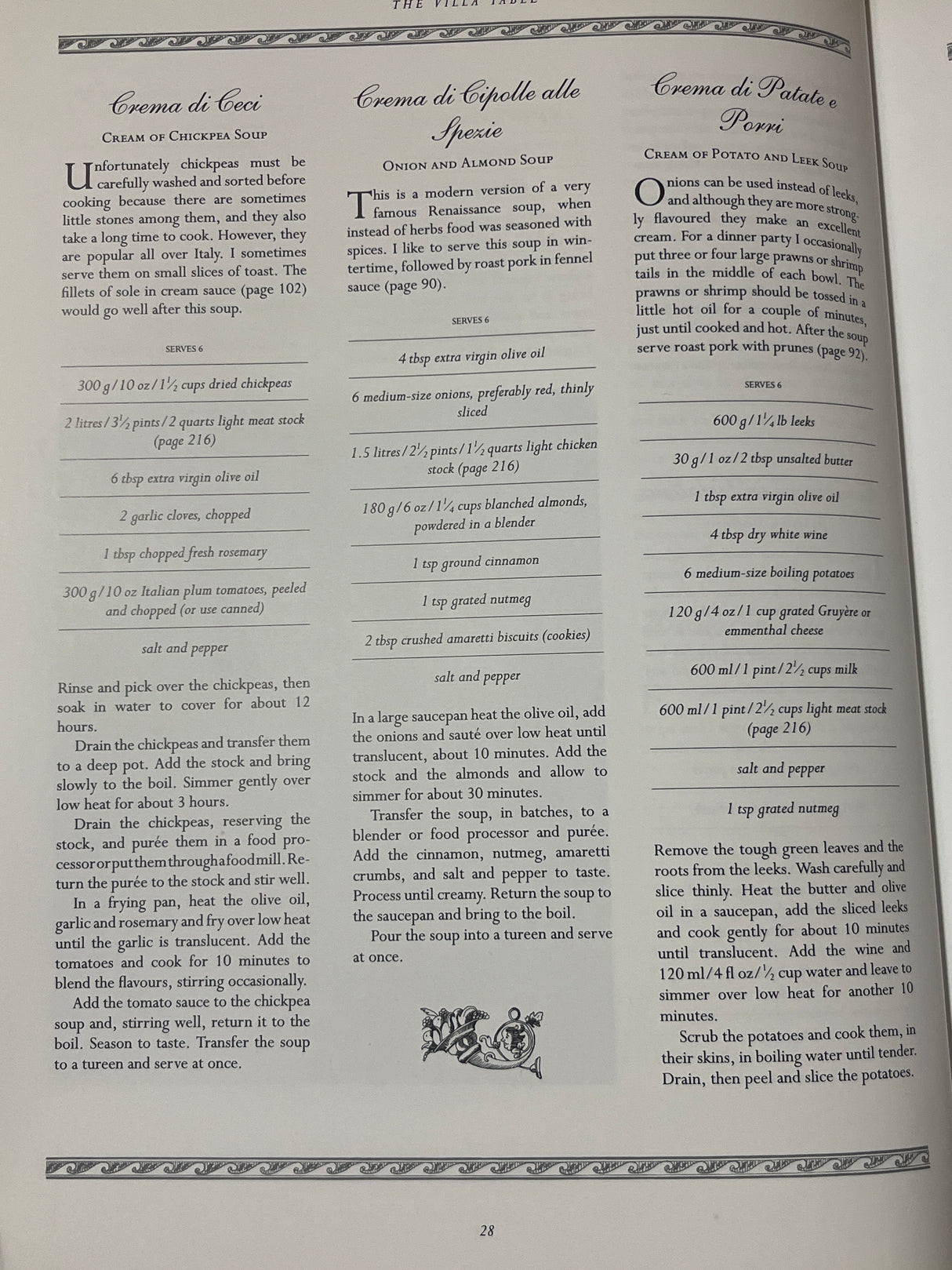 Cookbook spread from The Villa Table, showcasing recipes for Italian-style cream soups: Cream of Chickpea, Onion and Almond, and Potato and Leek.