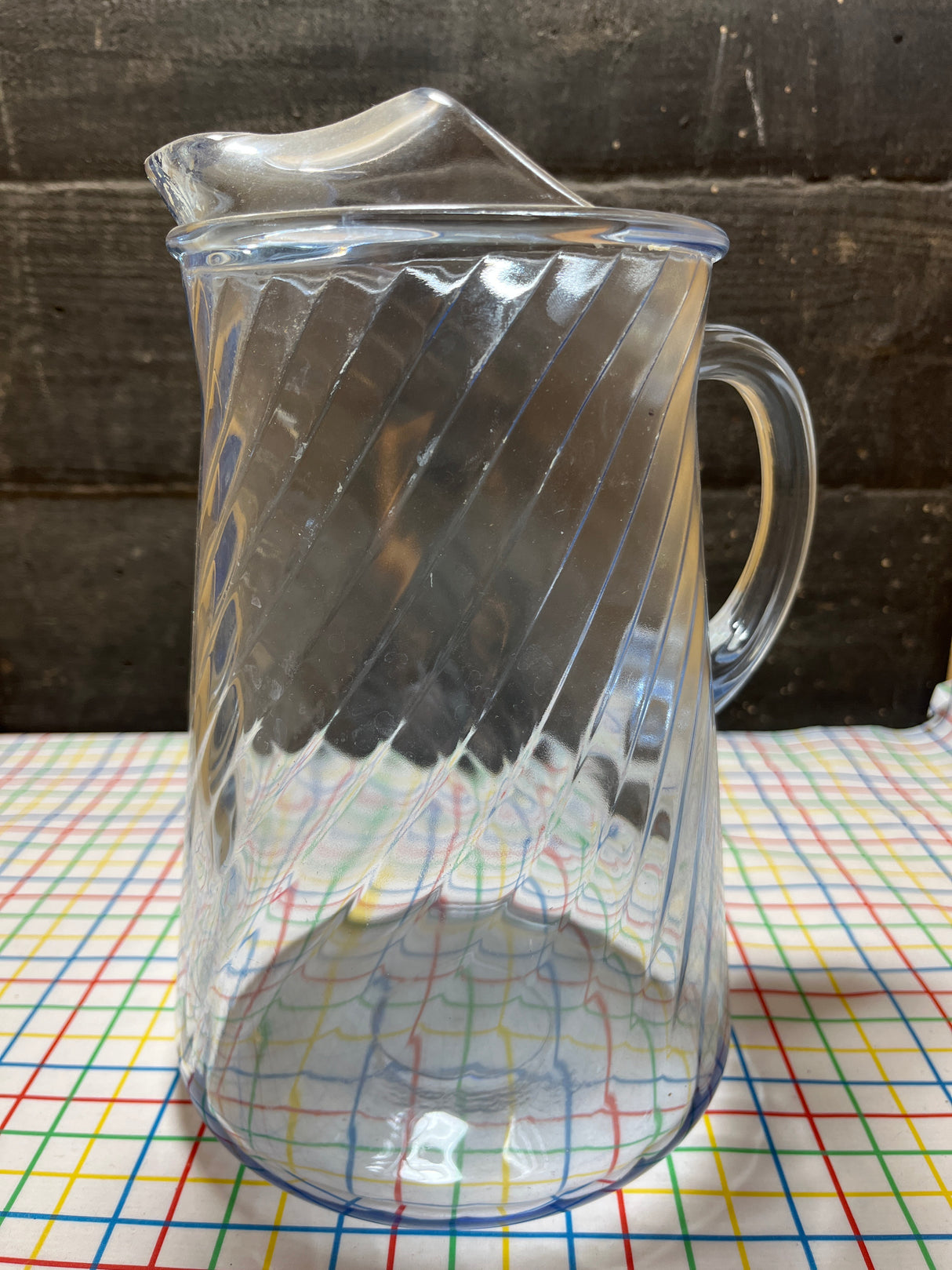 Blue swirl pitcher - clear glass - vintage Indiana Glass Company
