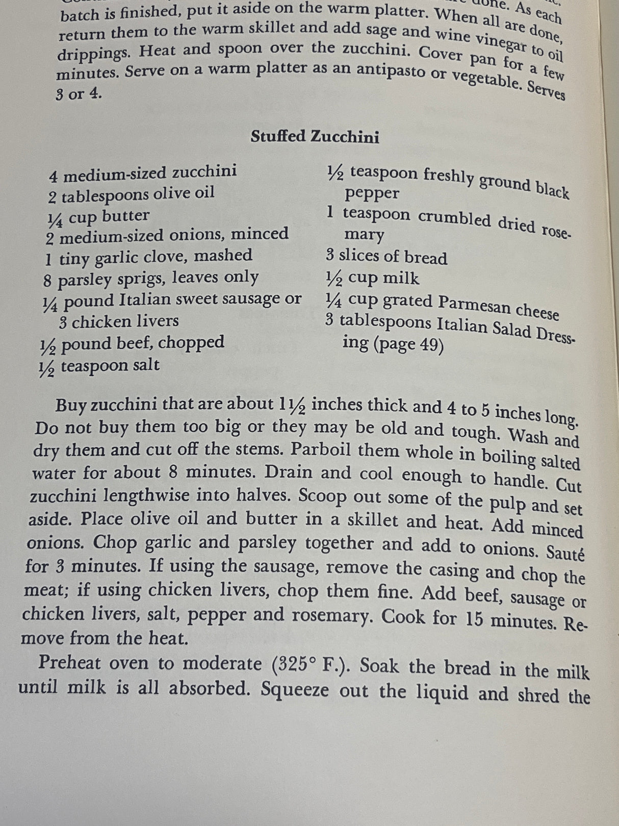 Leone’s Italian Cookbook (1967 First Edition) open to a “Stuffed Zucchini” recipe with detailed ingredients and step-by-step cooking instructions.