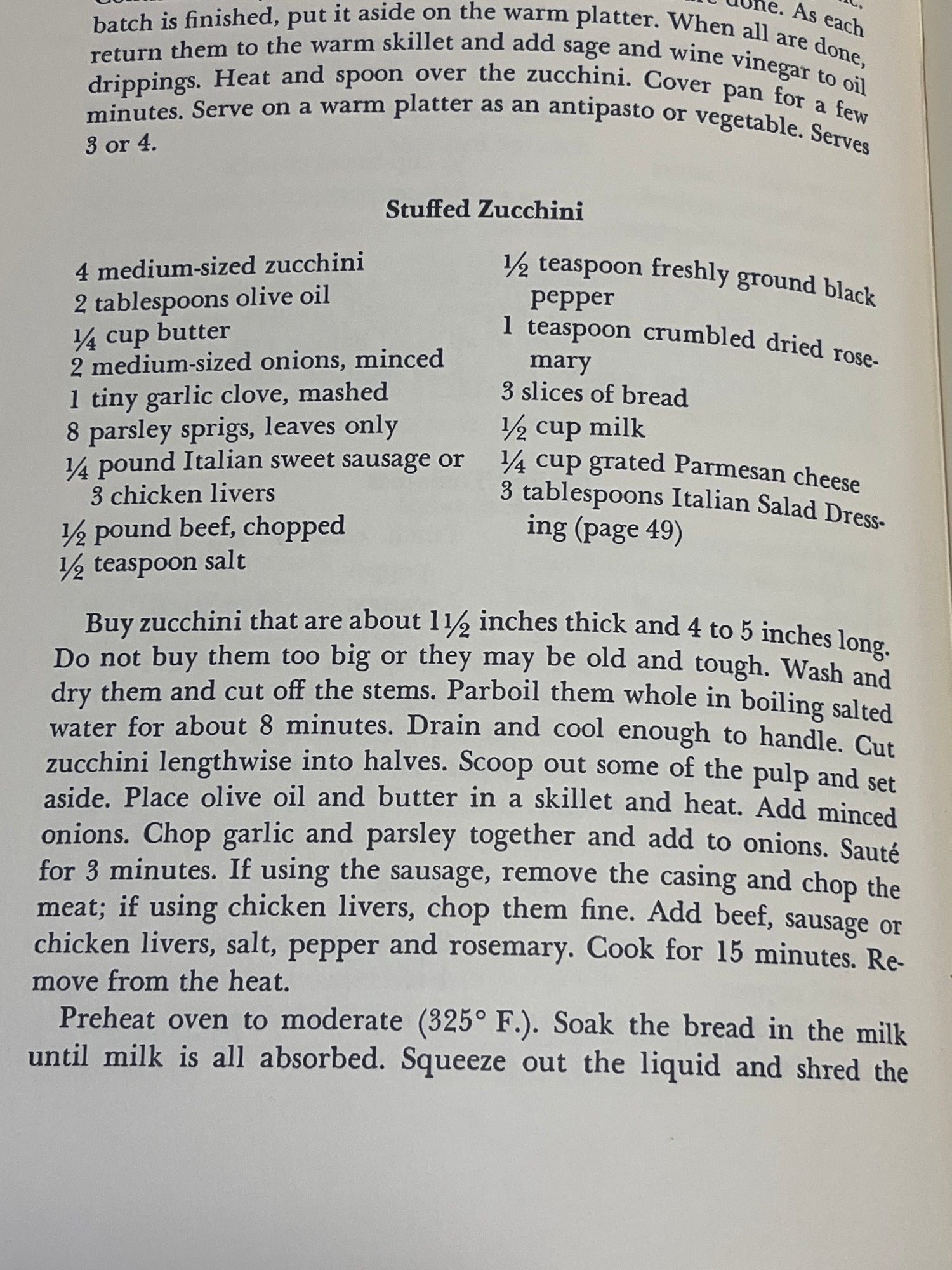 Leone’s Italian Cookbook (1967 First Edition) open to a “Stuffed Zucchini” recipe with detailed ingredients and step-by-step cooking instructions.