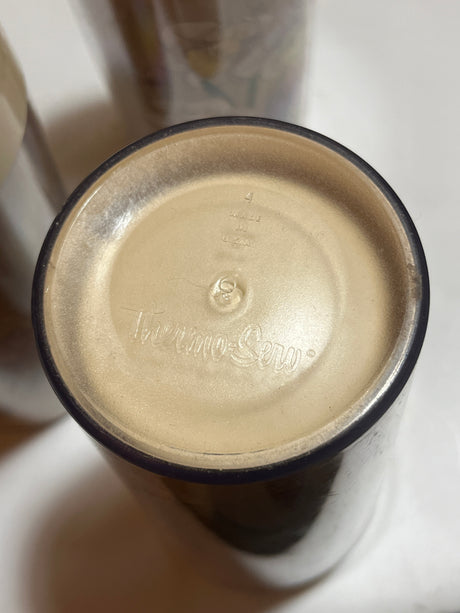 Thermo-Serve set of 4 insulated plastic mugs with floral illustrations, shown in close-up views of liquid, lid, and a blurred hand holding one. Ideal for outdoor dining.