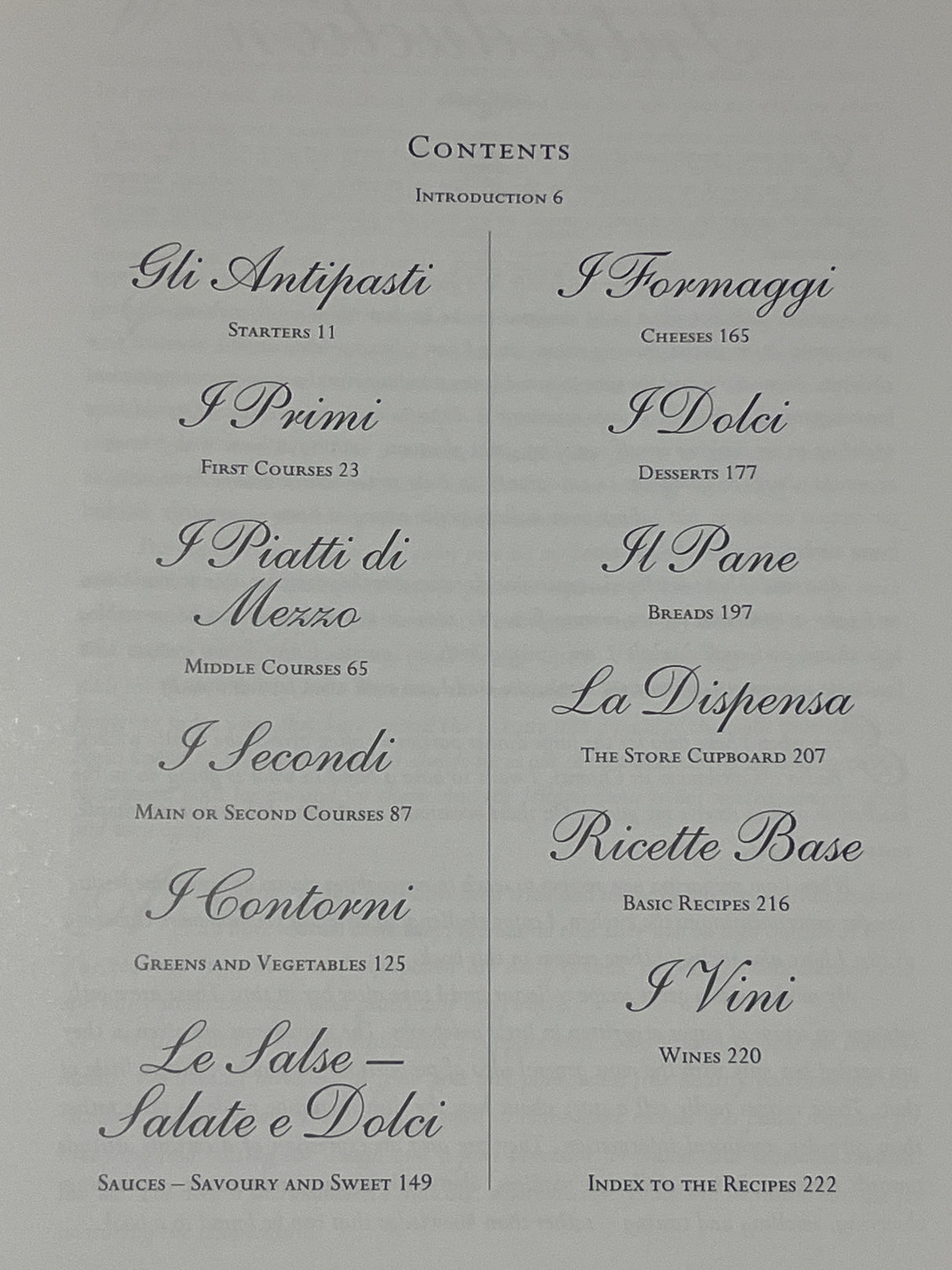 Contents page of The Villa Table, an Italian-themed cookbook, listing chapters like Starters, Sauces, and Wines with Italian-English titles and page numbers.