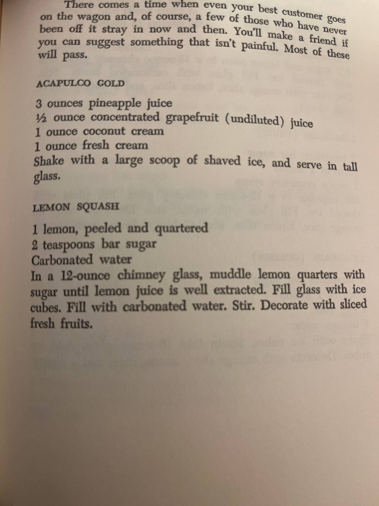Trader Vic’s Bartender’s Guide (Revised 1972) book page showing Acapulco Gold and Lemon Squash drink recipes, highlighting its utility for mixologists.