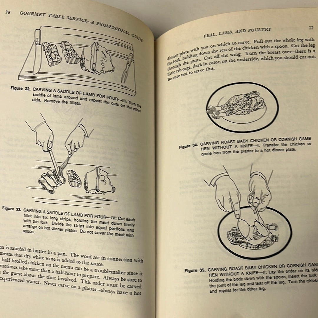 Gourmet Table Service - A Professional Guide open, displaying detailed illustrations and instructions for serving and preparing Continental cuisine, emphasizing skill and craftsmanship.