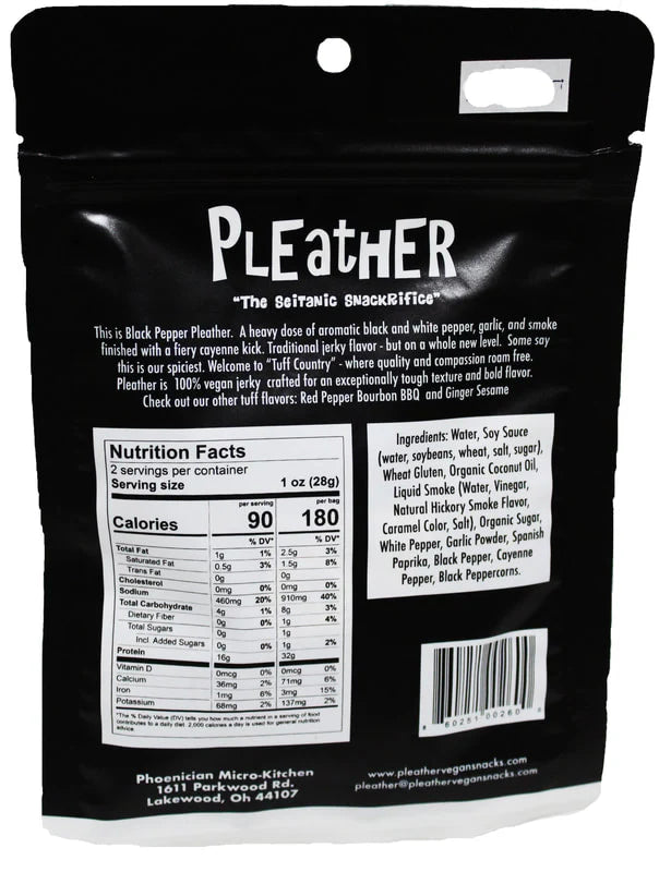 Back of Pleather Vegan Jerky bag showing product details: black pepper flavor description, nutrition facts, ingredients, and manufacturer info, featuring a resealable design for easy snacking.