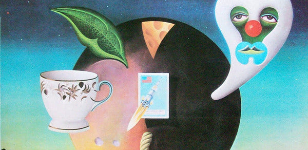 Album cover for 'Pink Moon' by Nick Drake with surreal elements like a tea cup, moon, and abstract shapes.