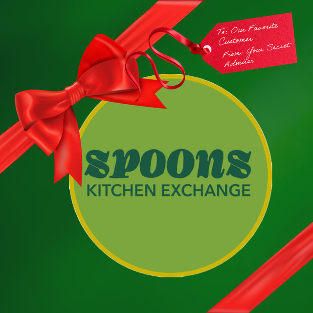 Gift Card - Spoons Kitchen Exchange: A green gift box with a red ribbon and bow, featuring a tag, perfect for versatile gifting this holiday season.