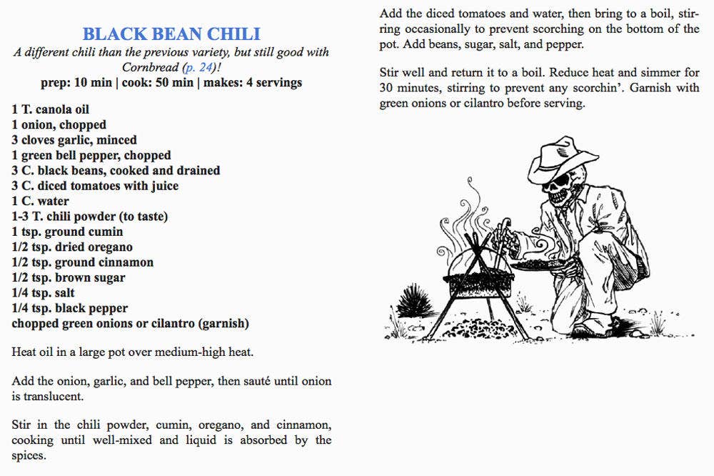 Recipe page for 'Black Bean Chili' from Hot Damn & Hell Yeah: Vegan Tex-Mex & Southern Eats, featuring ingredients, instructions, and a skeletal cowboy illustration.