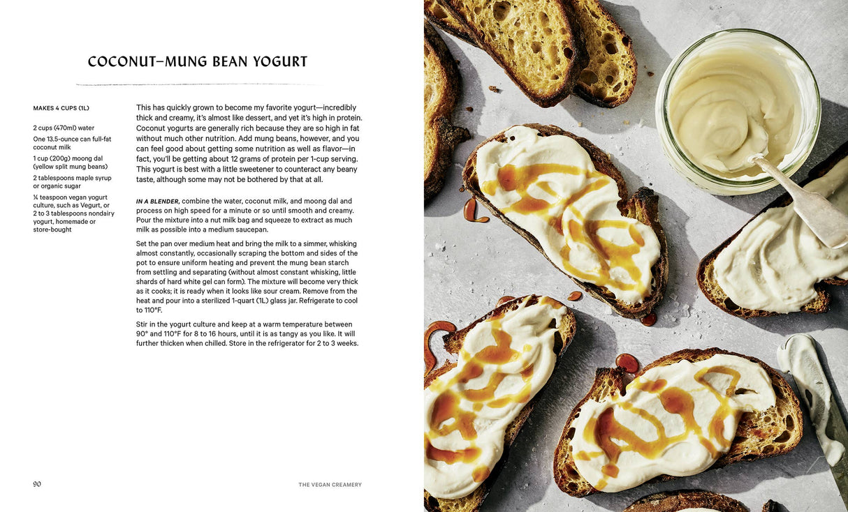 Two-page spread from The Vegan Creamery cookbook featuring a Coconut–Mung Bean Yogurt recipe alongside artisanal toast topped with the yogurt and maple syrup.