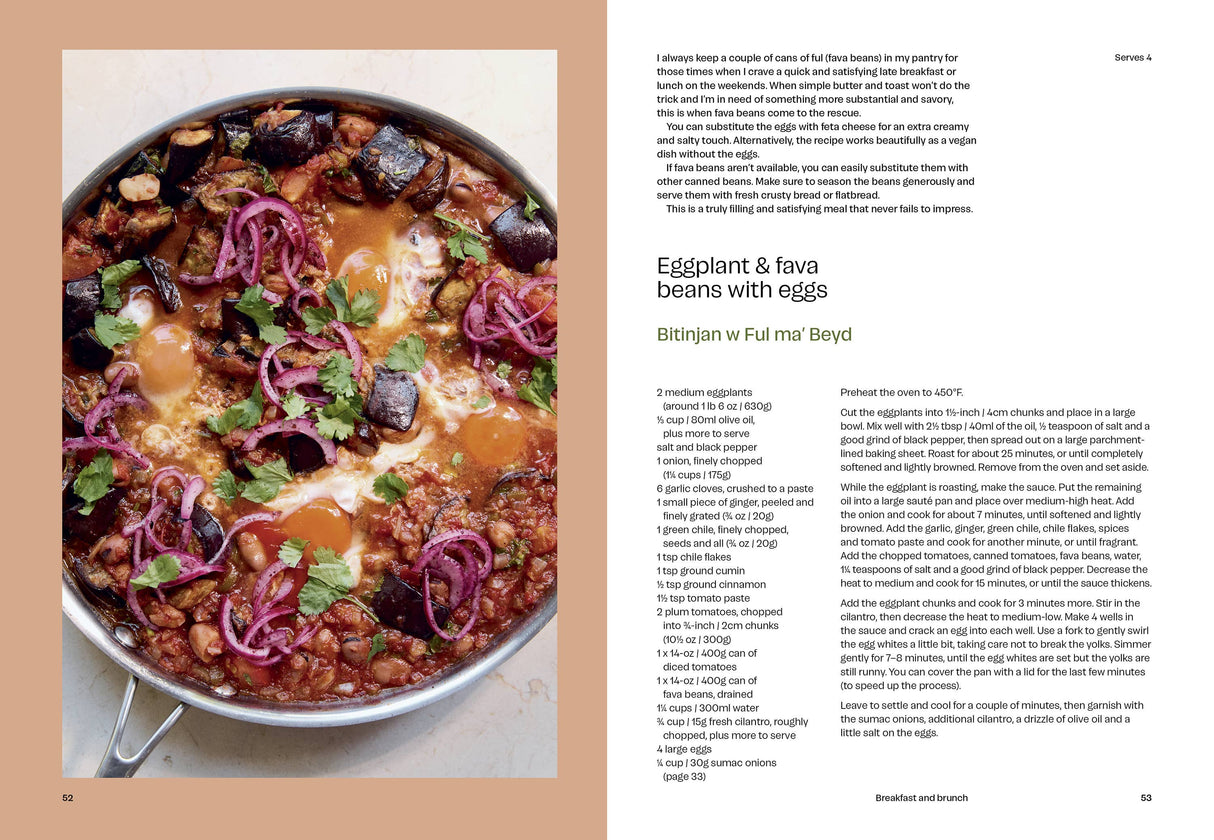Boustany cookbook spread featuring Eggplant & Fava Beans with Eggs recipe, showcasing a skillet dish with poached eggs, garnished with sumac onions and cilantro.