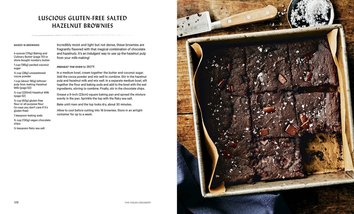 The Vegan Creamery cookbook spread featuring salted hazelnut brownies in a pan, topped with chocolate chunks and sea salt, beside a knife and salt bowl.