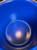 Marlboro Gear 6 quart 3-piece stock pot with strainer and lid, features an empty blue speckled enamelware interior with minor enamel damage, showing water droplets.