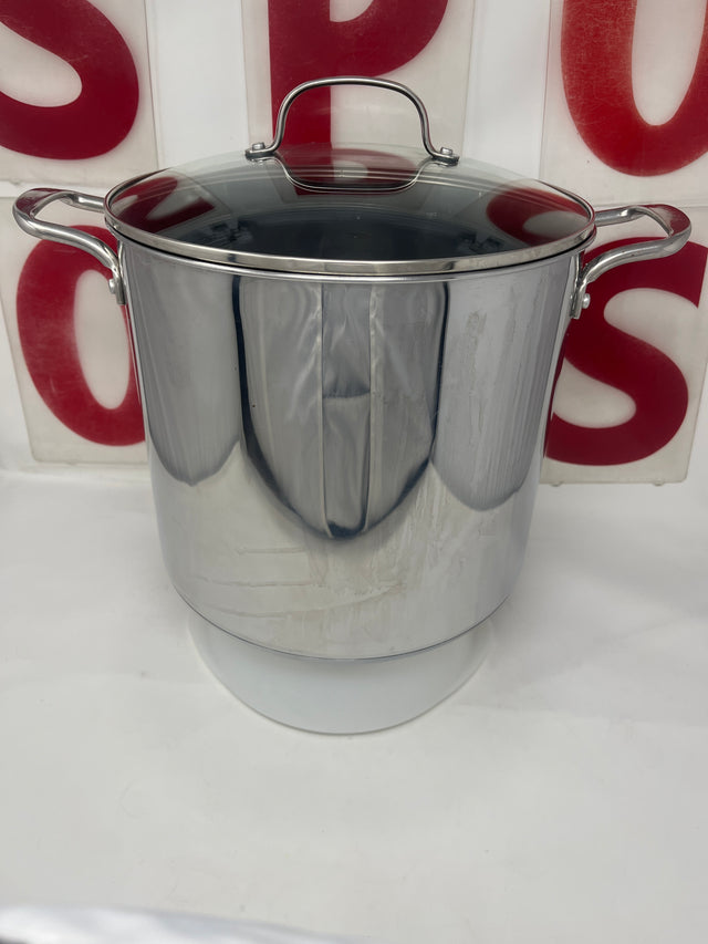 Denmark large stainless steel stock pot with glass lid, featuring a sturdy handle, ideal for cooking and kitchen use.