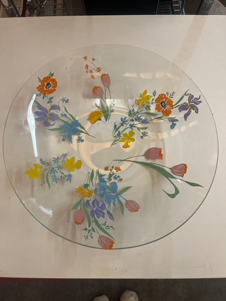RARE vintage clear glass serving platter with floral pattern from Heinrich Co.'s Primavera line, showcasing painted spring blooms on a white countertop.