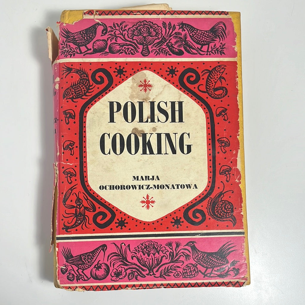 Polish Cooking book cover featuring black line drawings of birds and plants against red and magenta backgrounds. From Spoons Kitchen Exchange.