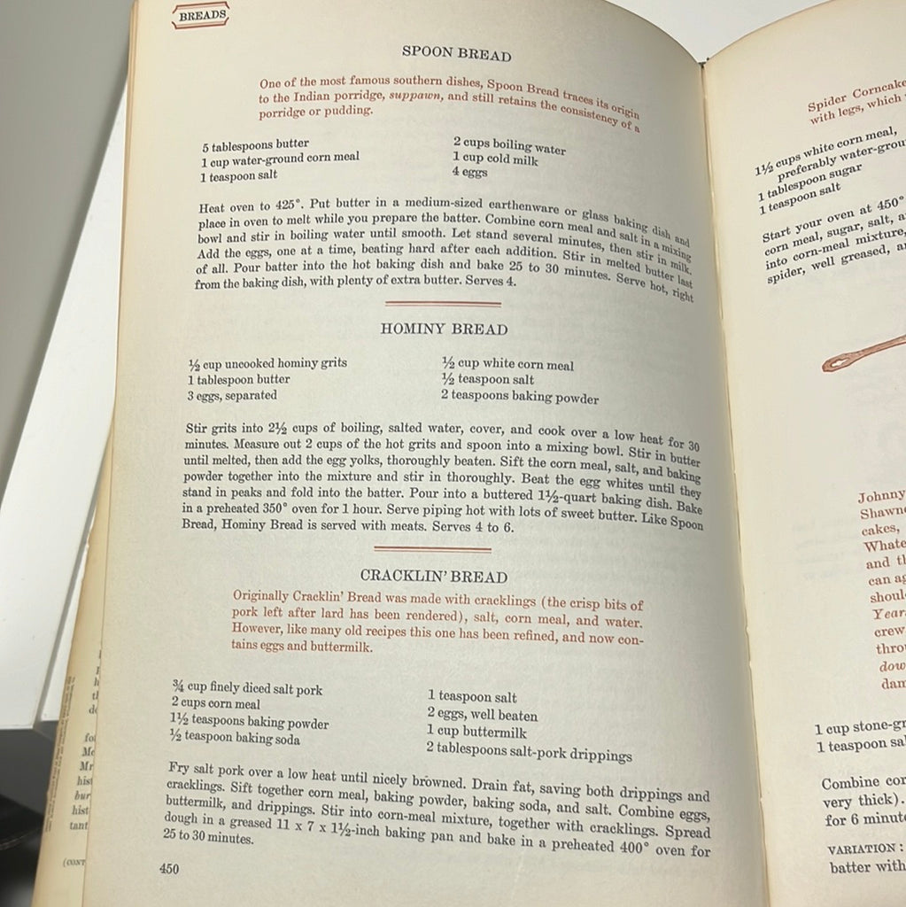 Page from The American Heritage Cookbook and Illustrated History of American Eating & Drinking with recipes for hominy bread and spoon bread.  From Spoons Kitchen Exchange. 