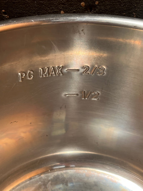 Instant Pot cooker stainless steel inner pot replacement for 6 quart, showing stamped fill-level indicators “PC MAX – 2/3” and “– 1/2” for guidance.