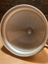 Cone sieve strainer DENTED - aluminum, vintage style, perforated for straining liquids. Minor dents at tip, handle securely attached, ideal for canning and preserving.