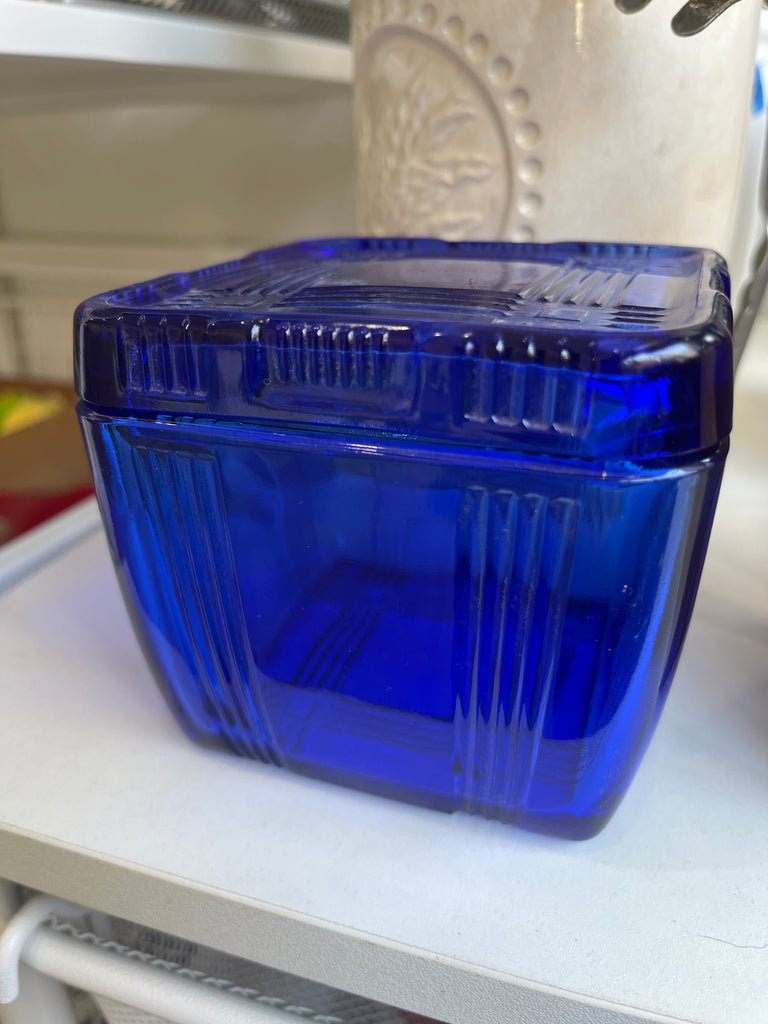 RARE cobalt blue etched square glass container with lid, featuring rounded edges and geometric patterns, ideal for serving nuts or small candies.