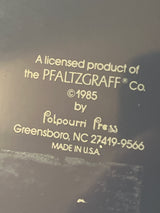 Close-up of maker’s mark on Pfaltzgraff vintage polka dot food storage tin, highlighting its 1985 origin, Potpourri Press licensing, and USA manufacture.