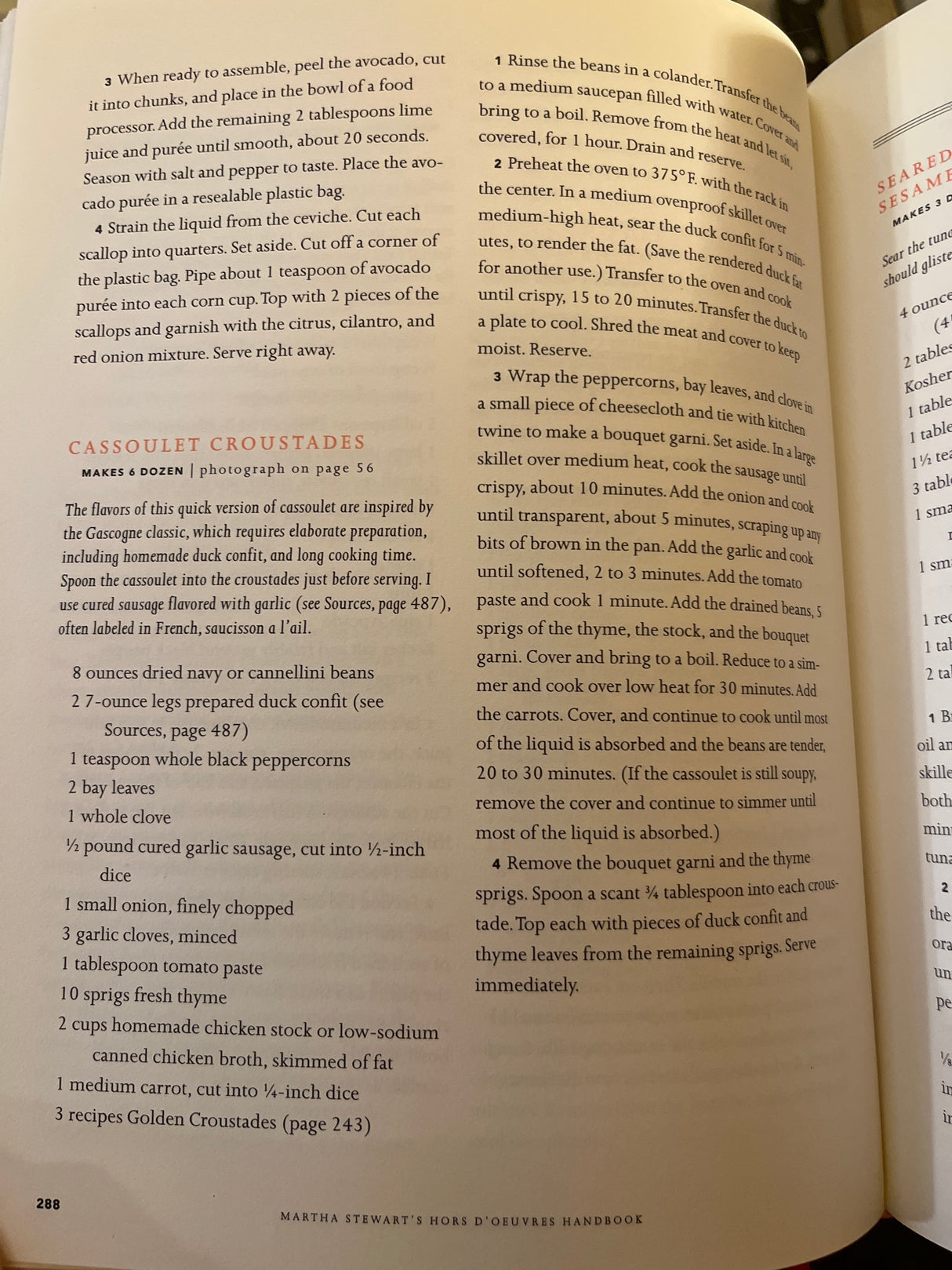 Open cookbook showing Martha Stewart’s Hors d'Oeuvres Handbook with ceviche and Cassoulet Croustades recipes, highlighting gourmet appetizer preparation techniques and detailed ingredient lists.