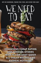 Cover of “We Need To Eat!” zine featuring a multi-layered vegan sandwich, highlighting gardening, free food, and activism with 75 vegan recipes.